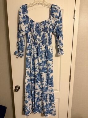 Blue and White Smocked Maxi Dress